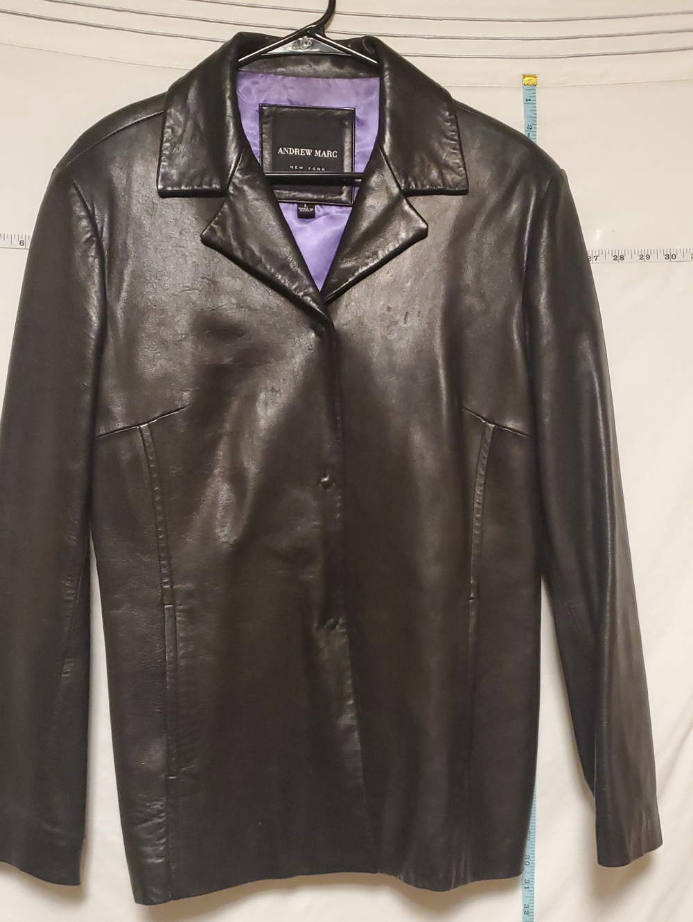 Andrew Marc Vintage Black Leather Snap Button Leaher Coat Purple Lining Lg